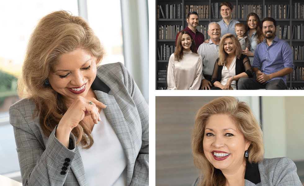 A stunning collage of business portrait photography by professional photographer Dena Rafte, showcasing individuals in impeccably tailored attire, based in Houston, Texas.
